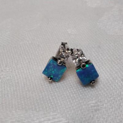 Blue Opal With White Sapphire Accent 925 Post Earrings