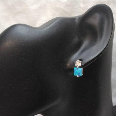 Blue Opal With White Sapphire Accent 925 Post Earrings