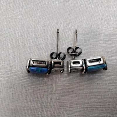Blue Opal With White Sapphire Accent 925 Post Earrings