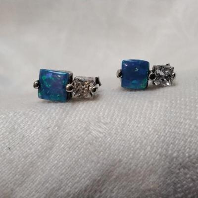 Blue Opal With White Sapphire Accent 925 Post Earrings