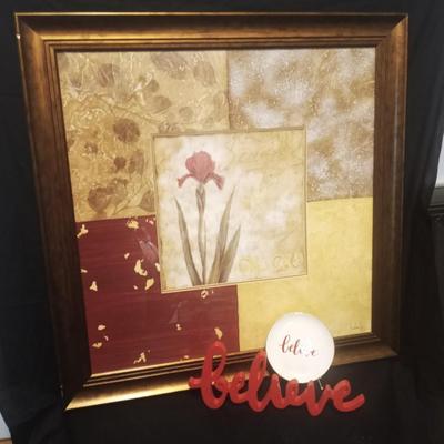 LARGE FRAMED 3D ROSE PHOTO WITH "BELIEVE" SIGN AND PLATE