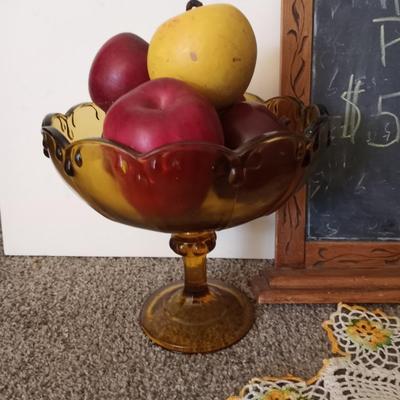 HAND CARVED WOODEN CHAULKBOARD-DEPRESSION GLASS PEDESTAL DISH WITH WOODEN APPLES-MORE