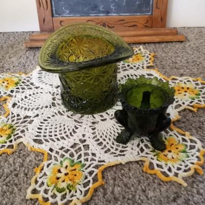 HAND CARVED WOODEN CHAULKBOARD-DEPRESSION GLASS PEDESTAL DISH WITH WOODEN APPLES-MORE