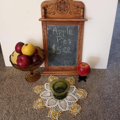 HAND CARVED WOODEN CHAULKBOARD-DEPRESSION GLASS PEDESTAL DISH WITH WOODEN APPLES-MORE