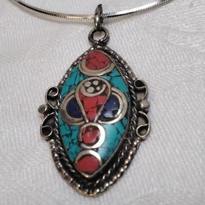 Handmade Turquoise, Coral and Lapis Medallion 17" 925 Necklace