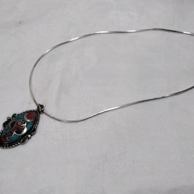 Handmade Turquoise, Coral and Lapis Medallion 17" 925 Necklace