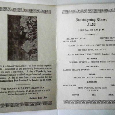 Golden Rule Inn, Mirror Lake, Ulster Park, NY 1950's Thanksgiving Menu