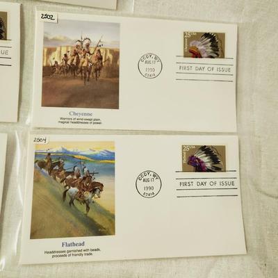 6 - FIRST DAY STAMPS - 1990 HISTORIC INDIAN HEAD DRESS