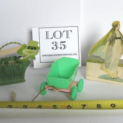 Vintage Lot of St. Patrick's Day Collectibles: Candy Box, Nut Cup, Rosen/Rosbro Cart
