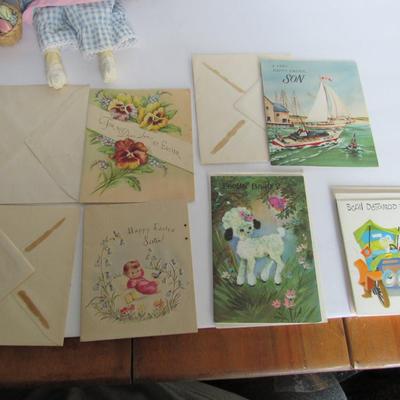 Unused Vintage Easter and Get Well Cards and Rabbit Doll