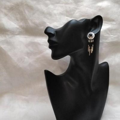 Vintage Native American Onyx Concho Fringe Drop 925 Earrings