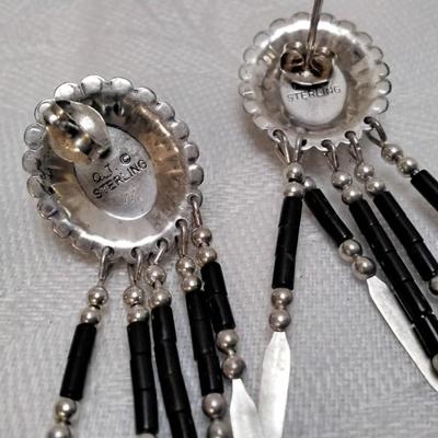 Vintage Native American Onyx Concho Fringe Drop 925 Earrings