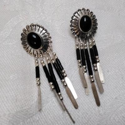 Vintage Native American Onyx Concho Fringe Drop 925 Earrings