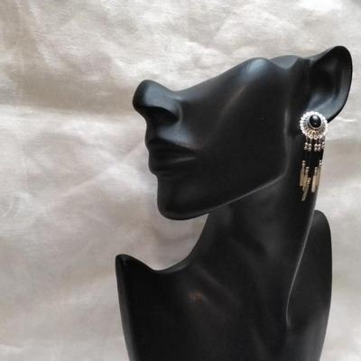Vintage Native American Onyx Concho Fringe Drop 925 Earrings
