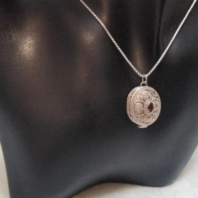 Antique Garnet 925 Pill Box 17" Necklace