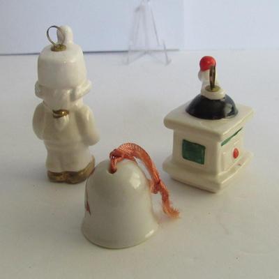Lot of Small Vintage Christmas: German Figurine, Japan Bell, Snowy Church and 2 Goebel Germany