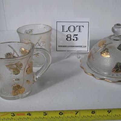 Antique EAPG Covered Butter Dish, Creamer and Spooner, Ivy In Snow Pattern, Gold Trim
