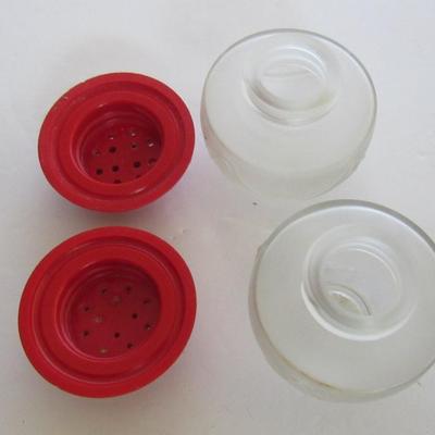 Neat Satin Glass and Plastic Art Deco Salt/Pepper Shaker Set & Metal Hors d'oeuvre Forks