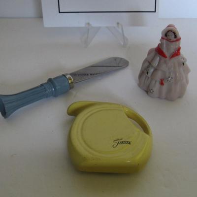 Fiesta Refrigerator Magnet and Tiny Knife Spreader and Boyd Glass Hand Painted Doll