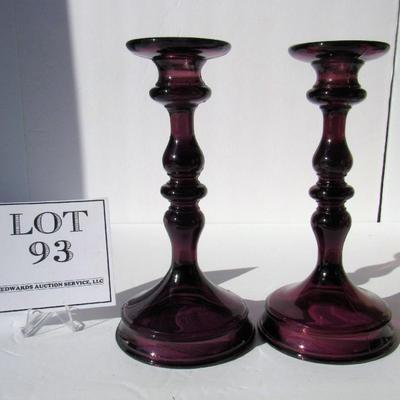 Very Nice Pair Old Amethyst Glass Candlesticks