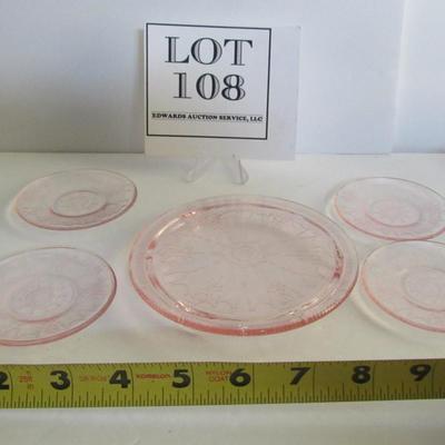 Mosser Glass Pink Child's Jennifer Dishes, Cake Plate and 4 Plates