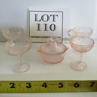 Mosser Glass Pink Jennifer Dishes, 4 Tall Sherberts and Covered Dish