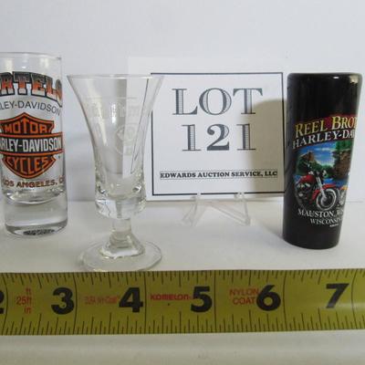 Lot of 3 Shot Glasses, Harley Davidson and Jagermeister