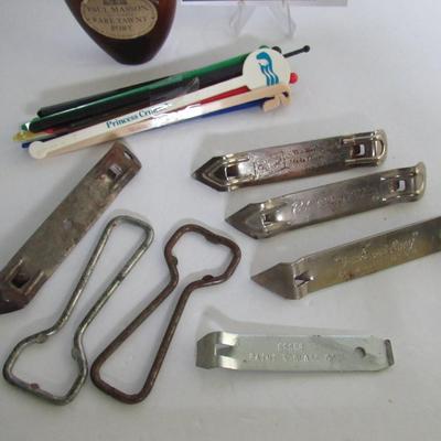 Bottle Opener Lot With Stir Sticks and Mini Booze Bottle