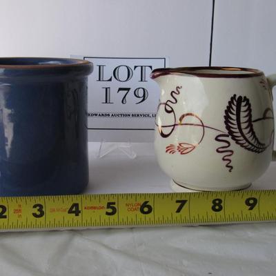 Small Blue Glazed Crock and Vintage Gray's Pottery Stoke on Trent Pitcher