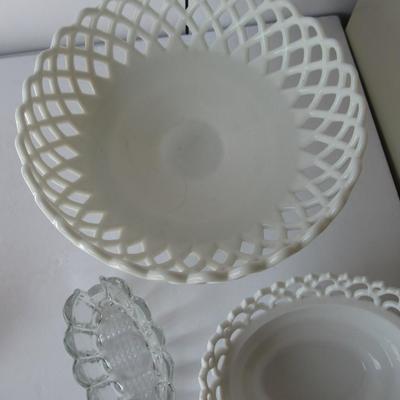 Nice Huge Westmoreland Milk Glass Compote, Clear Spoon Holder, Milk Glass Animal Dish Base