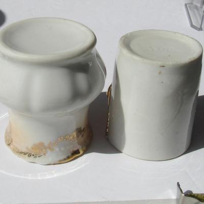 Vintage Hand Painted China Pitcher and Two Old Hand Painted Toothpick Holders