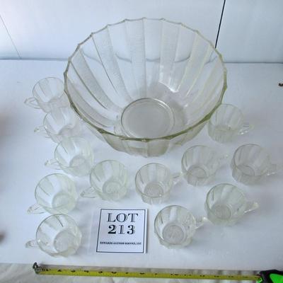 Jeanette Depression Glass, Dew Drop Pattern Punch Bowl On Base and 12 Matching Cups