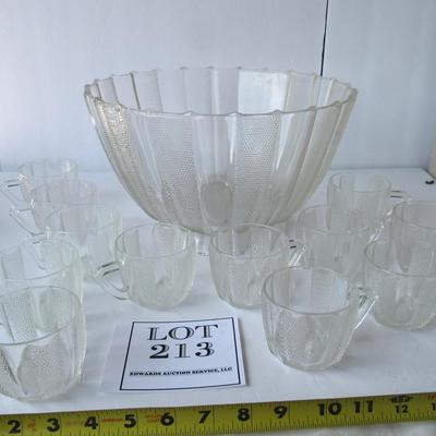 Jeanette Depression Glass, Dew Drop Pattern Punch Bowl On Base and 12 Matching Cups