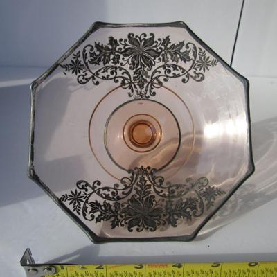 Pink Depression Glass Compote With Silver Deposit