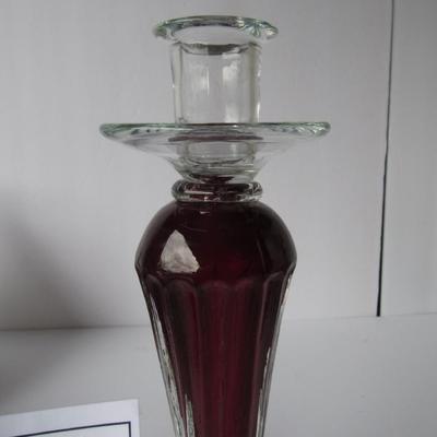 Modern Red and Clear Art Glass Candlestick, Heavy Glass
