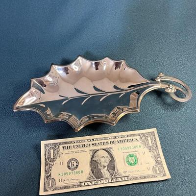 SILVER PLATED CANDY DISH SHINY LEAF DESIGN