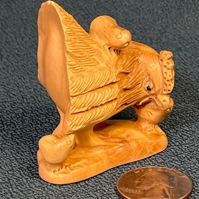 MOTHER HEN w/ CHICKS CARVED WOOD NETSUKE