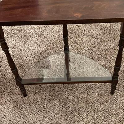 Vintage Wood Half Moon Table with Glass Bottom