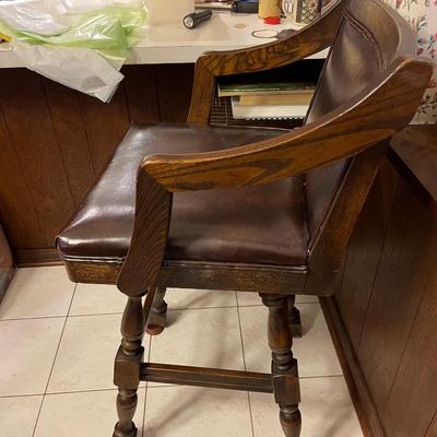 Two Vintage Solid Wood and Leather Barstools