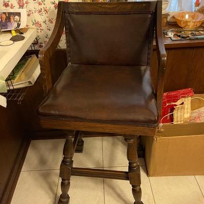 Two Vintage Solid Wood and Leather Barstools