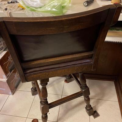 Two Vintage Solid Wood and Leather Barstools