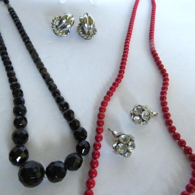 Lot 322:  Necklaces and Earrings, Black Glass and Red Glass or Stone