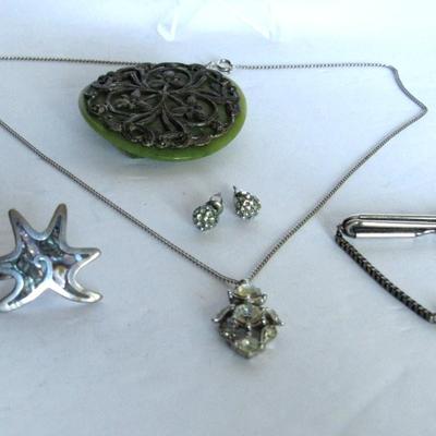 Lot 324: Vintage Lot, Sterling and Shell Earrings, Sterling Bar Pin, Plastic Belt Buckle More