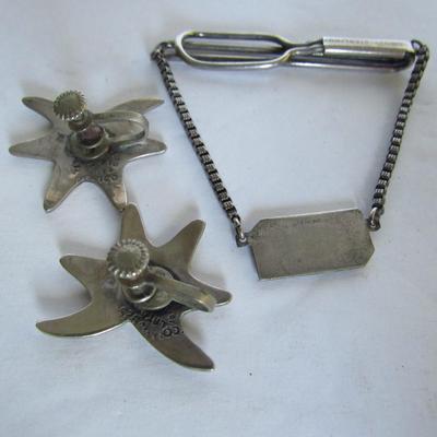 Lot 324: Vintage Lot, Sterling and Shell Earrings, Sterling Bar Pin, Plastic Belt Buckle More