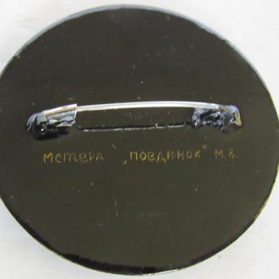 Lot 326: Nice Round Russian Lacquer Pin, Vintage, Signed on Back