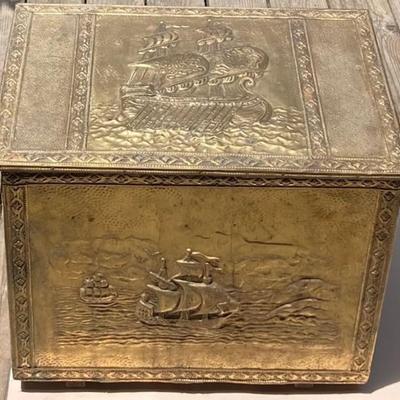 Large Vintage Brass Wood Box With Ship Motif