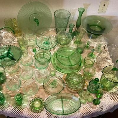 Large Lot Of Green Depression Glass And Similar Glassware