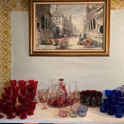 Vtg Red Cobalt Blue and PInk Depression glass sets