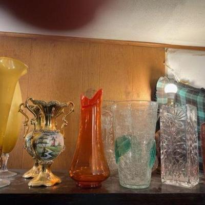 Huge Big Mouthed Swung Vase , Crackle glass, Crystal rectangle, Footed Gilded and Tall Art glass Vases