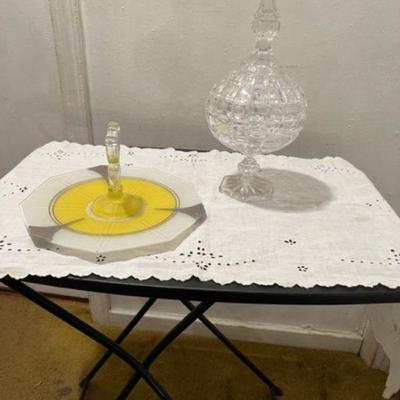 Artsy glass Sandwich tray and Crystal Candy Dish w Top